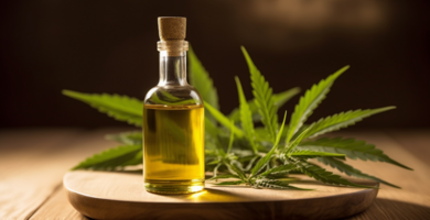 cannabis_olivenoel_auf_holzplatte_mit_hanfblaettern