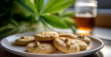 erdnussbutter_cannabis_kekse_auf_weissem_teller_mit_cannabisblaettern_im_hintergrund
