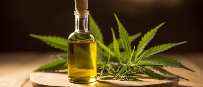 cannabis_olivenoel_auf_holzplatte_mit_hanfblaettern