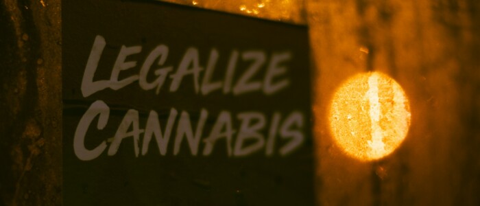 Legalize Cannabis Schild mit Bokeh Effekten auf nasser Glasscheibe
