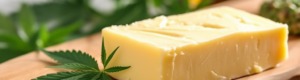 Cannabisbutter ganz einfach herstellen 7 cannabis butter auf holzbrett auf einem tisch
