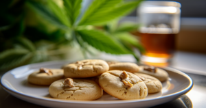 erdnussbutter cannabis kekse auf weissem teller mit cannabisblaettern im hintergrund
